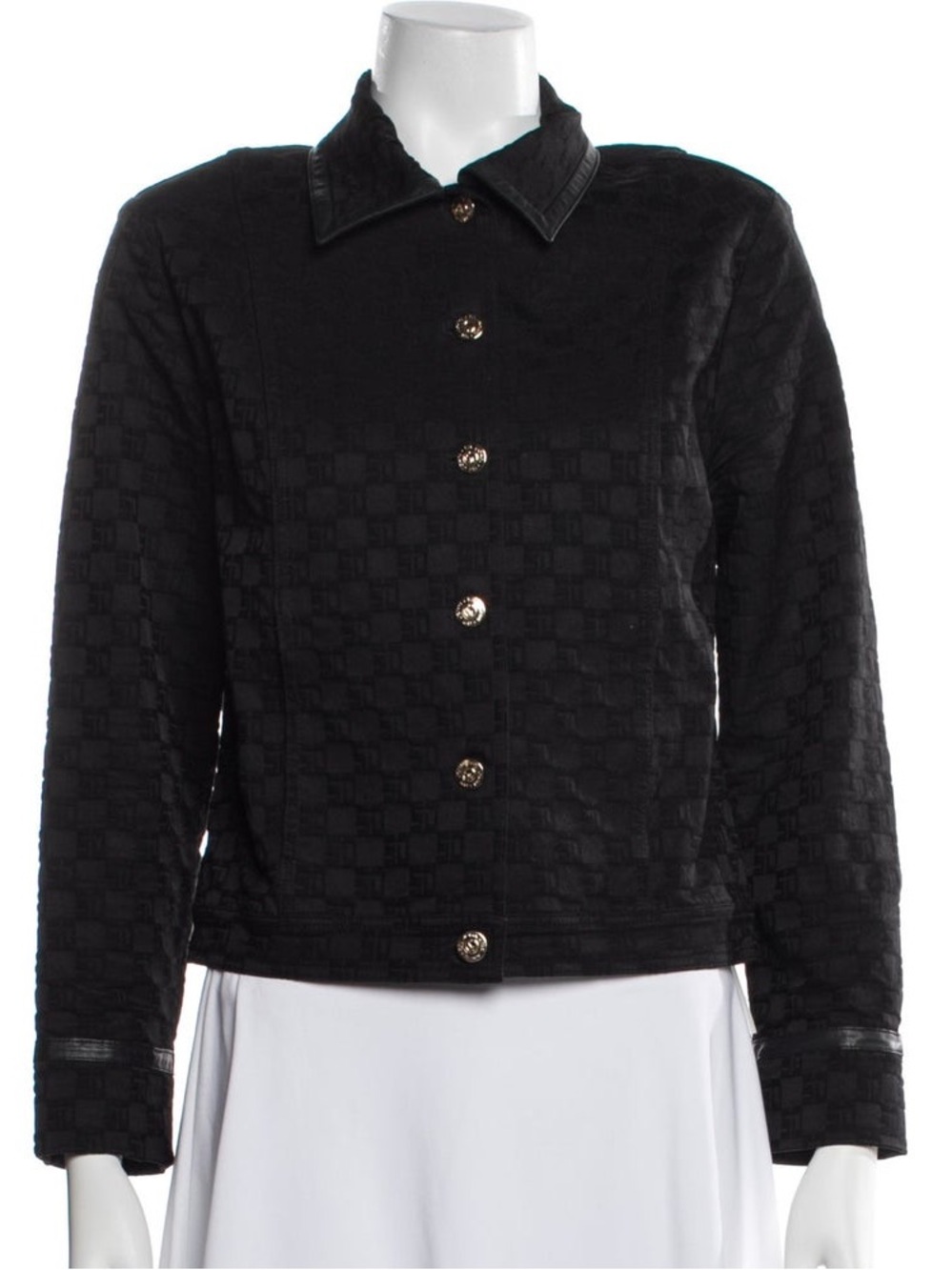 VINTAGE St. John Monogram Embossed Trucker Style Jacket Black Button Up Designer